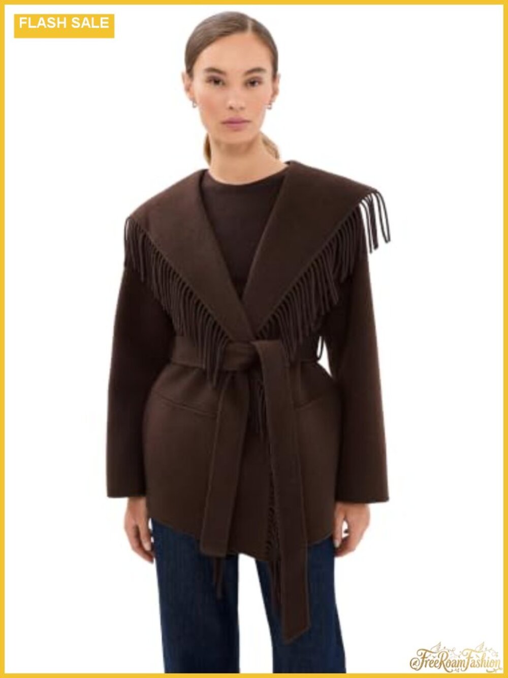 Wool Blend Felted Fringe Jacket Long Sleeve Shawl Collar